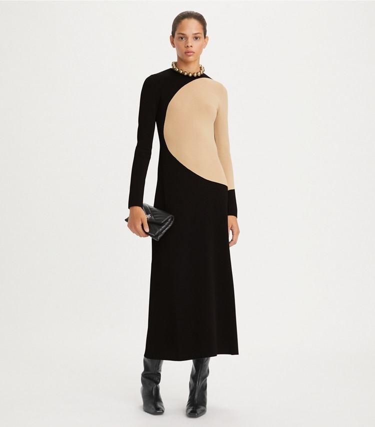 Tory Burch designer dresses Colorblock Sweater Dress in Black / Sand Bluff on model front
