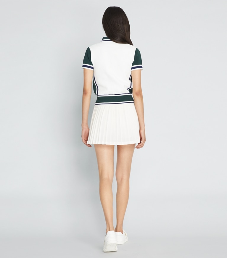 Tory Sport designer sweaters Colorblock Sweater in Snow White / Conifer front