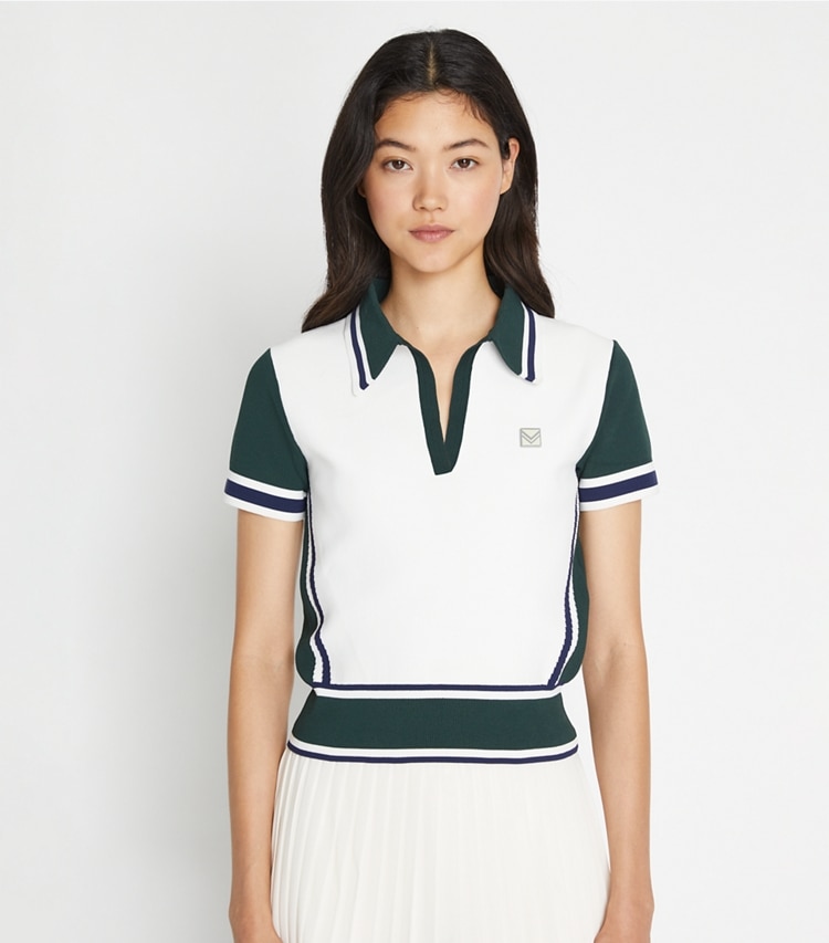 Tory Sport designer sweaters Colorblock Sweater in Snow White / Conifer on model detail