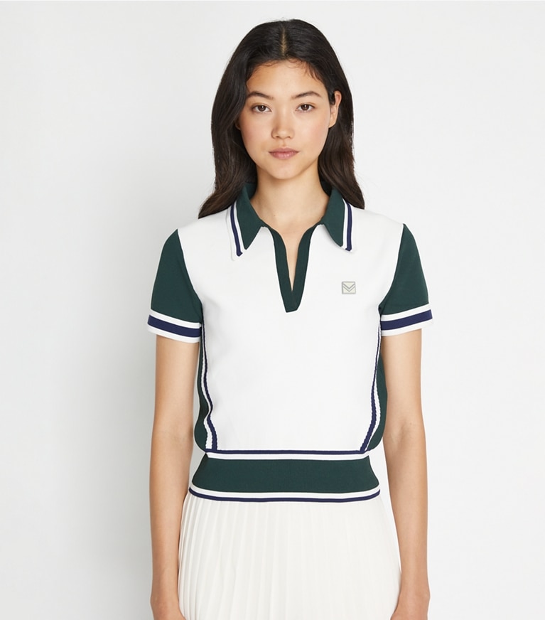 Tory Sport designer sweaters Colorblock Sweater in Snow White / Conifer front