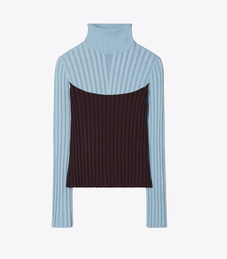 Tory Sport designer sweaters Colorblock Turtleneck Sweater in Seafaring / Dark Eggplant front