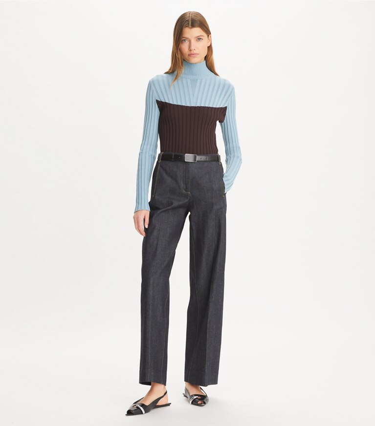 Tory Sport designer セーター カラーブロック タートルネックセーター in Seafaring / Dark Eggplant front