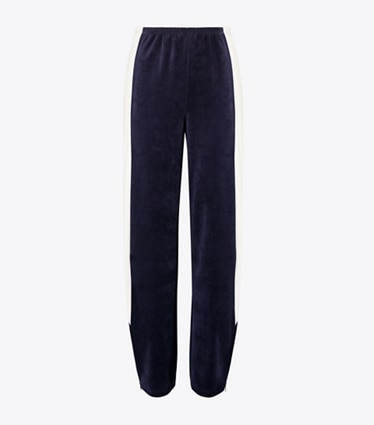 Tory Burch designer bottoms Colorblock Velour Sweatpant in Medium Navy / New Ivory front