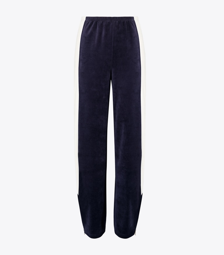 Tory Burch designer bottoms Colorblock Velour Sweatpant in Medium Navy / New Ivory front