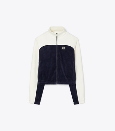 Tory Burch designer jackets Colorblock Velour Track Jacket in Medium Navy / New Ivory front