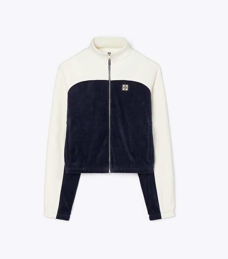 Tory Burch designer jackets Colorblock Velour Track Jacket in Medium Navy / New Ivory front