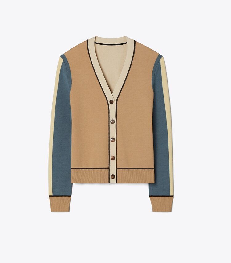 Tory Burch designer セーター カラーブロック ウール カーディガン in Oasis Tan front