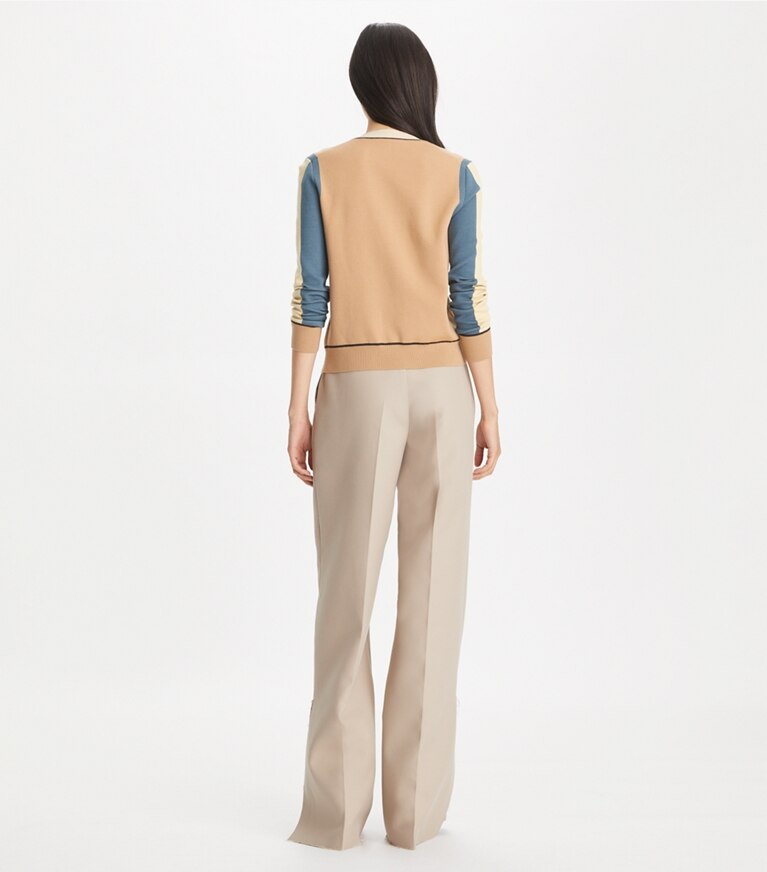 Tory Burch designer セーター カラーブロック ウール カーディガン in Oasis Tan front
