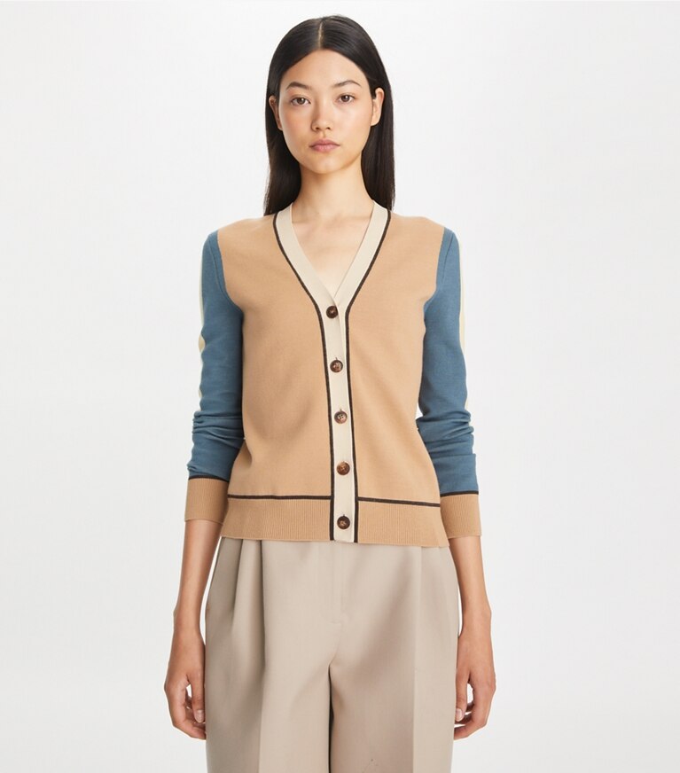 Tory Burch designer セーター カラーブロック ウール カーディガン in Oasis Tan front