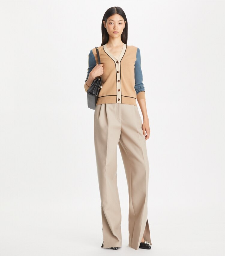 Tory Burch designer セーター カラーブロック ウール カーディガン in Oasis Tan モデル前面