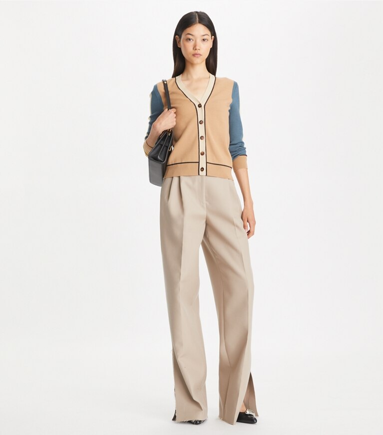 Tory Burch designer セーター カラーブロック ウール カーディガン in Oasis Tan front