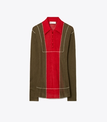 Tory Burch designer sweaters Colorblock Wool Pullover in Olive / Red front