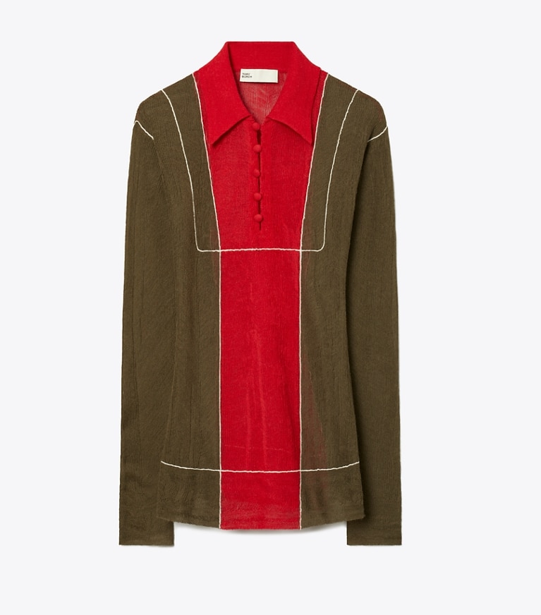 Tory Burch designer sweaters Colorblock Wool Pullover in Olive / Red front
