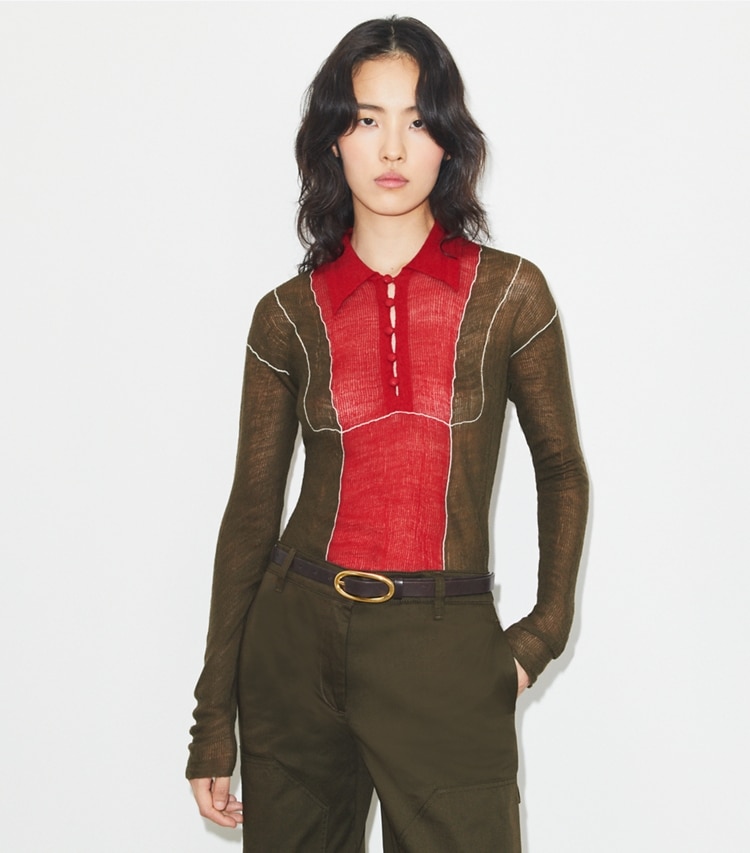 Tory Burch designer sweaters Colorblock Wool Pullover in Olive / Red on model detail