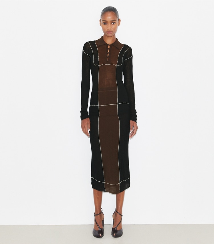 Tory Burch designer bottoms Colorblock Wool Skirt in Black / Chocolate on model front