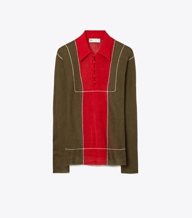 Tory Burch designer sweaters Colorblock Wool Sweater in Olive / Red front