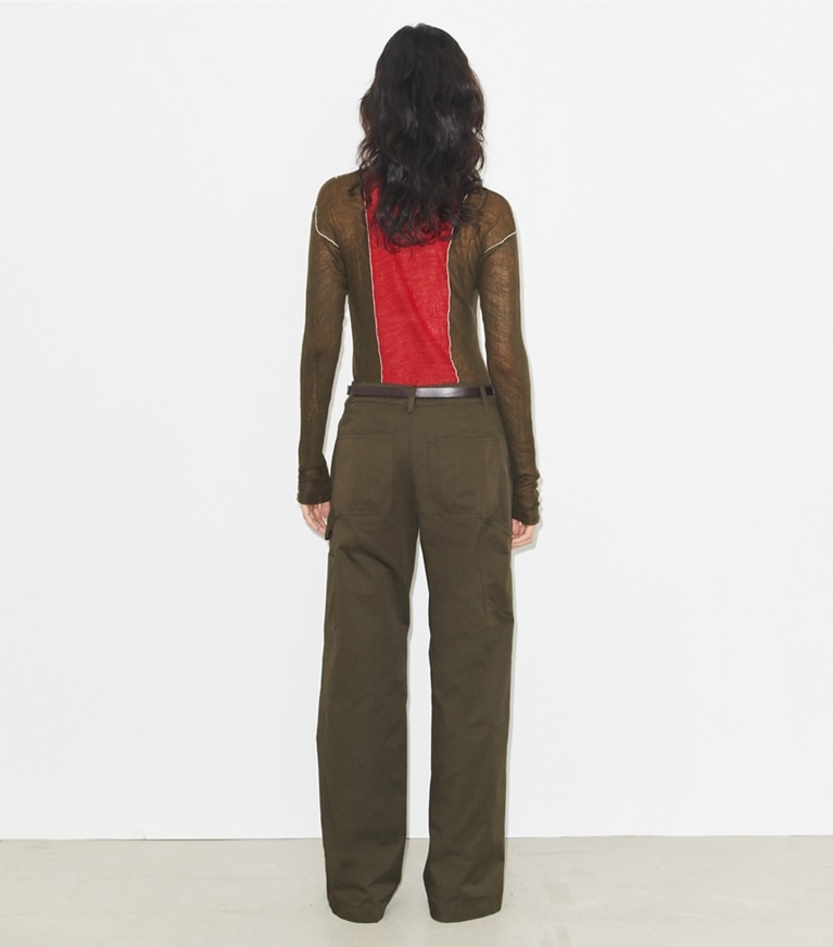 Tory Burch designer sweaters Colorblock Wool Sweater in Olive / Red front