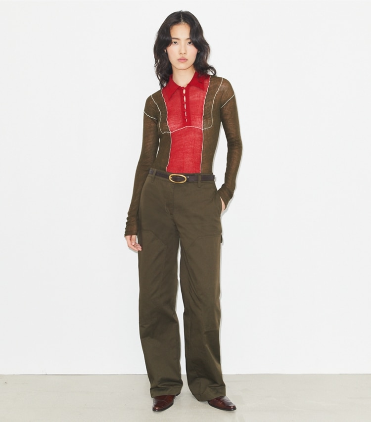 Tory Burch designer sweaters Colorblock Wool Sweater in Olive / Red on model front