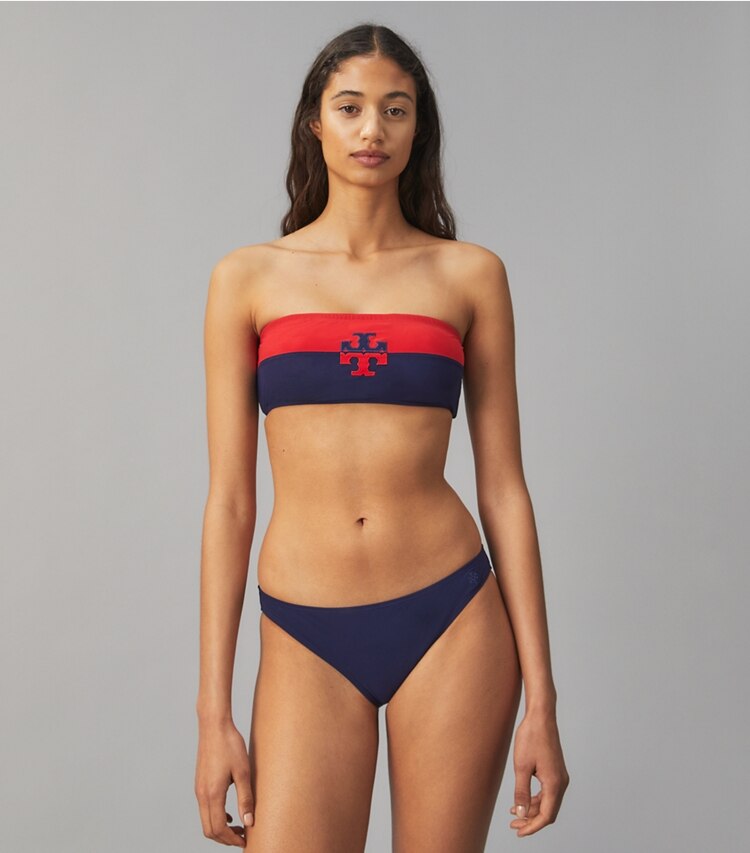 Tory Burch designer two pieces Colorblocked Bandeau in Tory Navy / Red on model detail