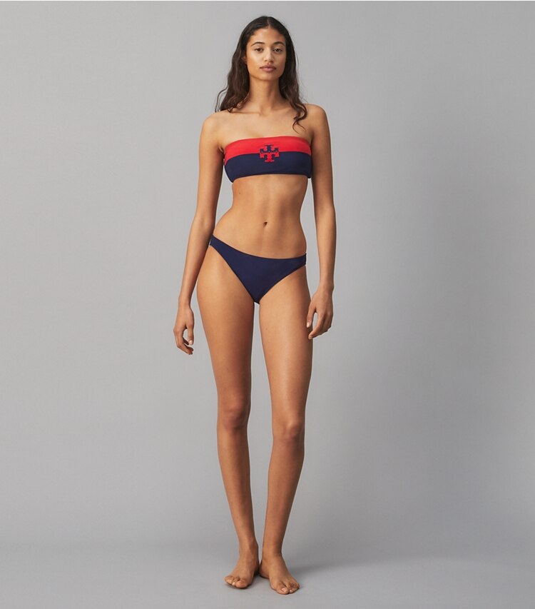 Tory Burch designer two pieces Colorblocked Bandeau in Tory Navy / Red on model front