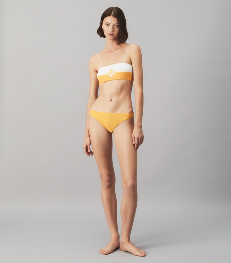 Tory Burch designer two pieces Colorblocked Bandeau in JACKFRUIT / NEW IVORY on model front