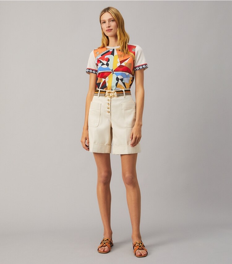 Tory Burch designer tops Compass Printed T-Shirt in Rose Des Vents on model front