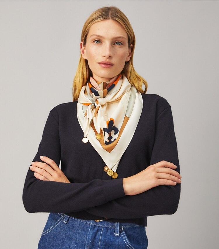 Tory Burch designer scarves Compass Silk Square Scarf with Charms in Ivory accessory on model