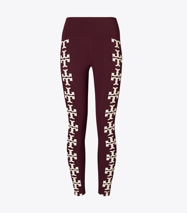 Tory Burch designer unterteile Compression 7/8-Leggings mit Logo in Winetasting front