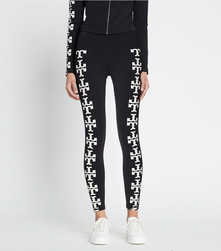 Tory Burch designer unterteile Compression 7/8-Leggings mit Logo in Black T Logo Row front