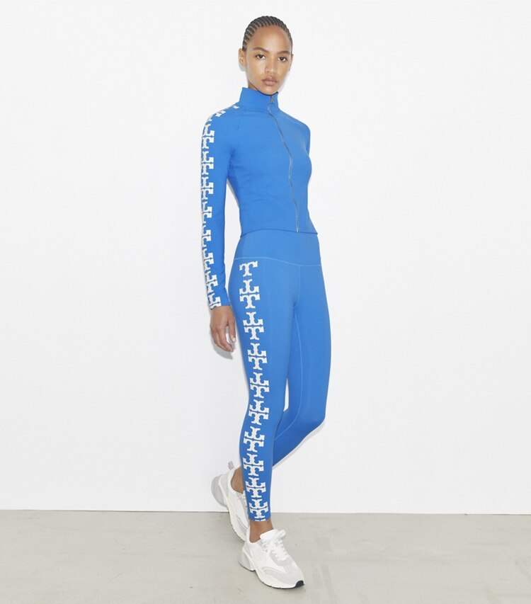 Tory Burch designer unterteile Compression 7/8-Leggings mit Logo in Bay Blue modell von vorn