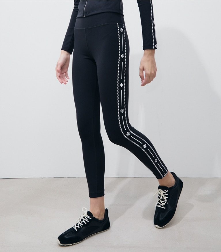 Tory Burch designer bottoms Compression Logo Trim Legging in BLACK on model detail