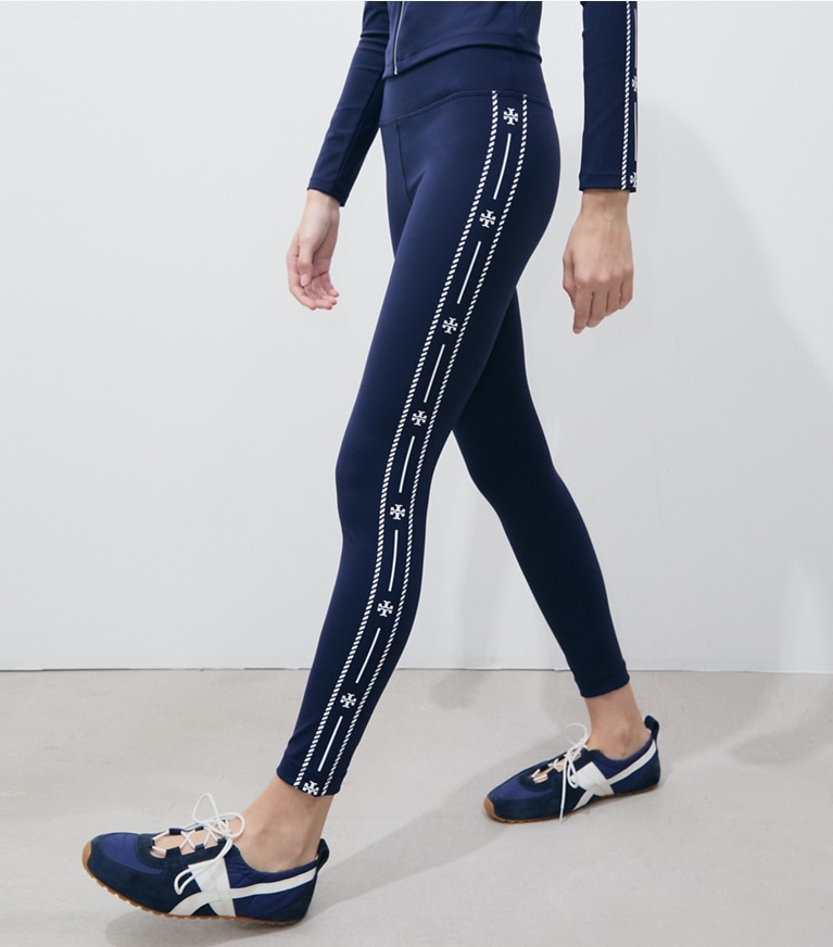 Tory Burch designer bottoms Compression Logo Trim Legging in TORY NAVY on model detail