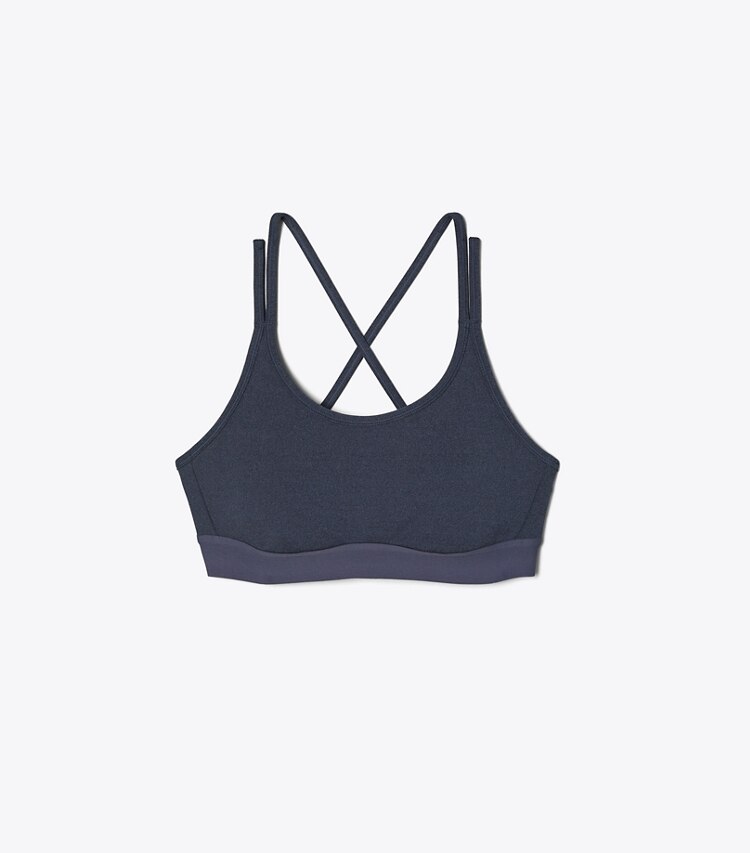 Tory Sport designer sports bras Compression Mélange Cross-Back Bra in Tory Navy Heather front