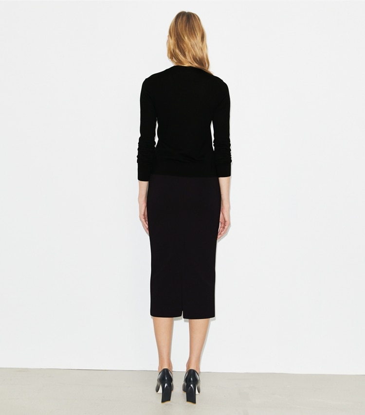 Tory Burch designer bottoms Compression Pencil Skirt in Black on model back