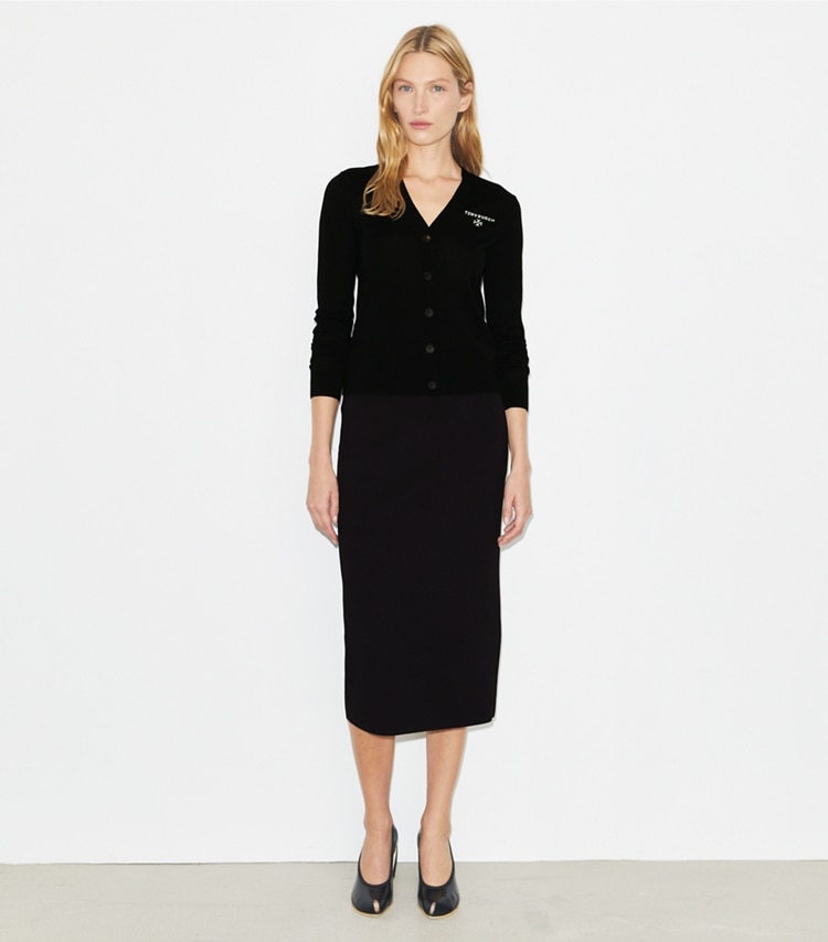 Tory Burch designer bottoms Compression Pencil Skirt in Black on model front