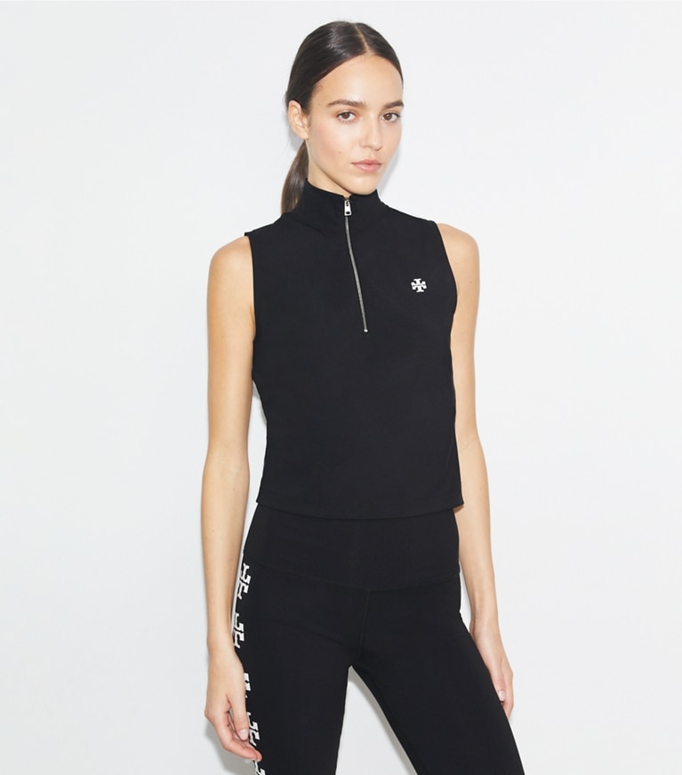 Tory Sport designer tops Compression Zip Top in Sport Black front