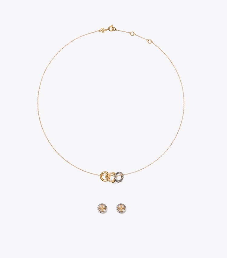 Tory Burch diseñador estuches para joyas Conjunto de collar y pendientes Icon con pavé en Tory Gold / Crystal frente