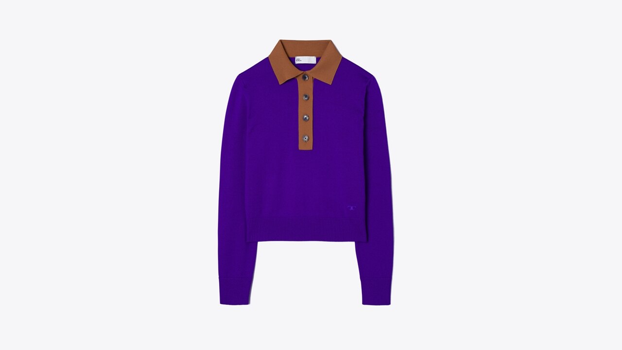 Contrast Collar LongSleeve Polo Women's Designer Sweaters Tory Burch