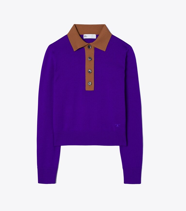 Contrast Collar Long-Sleeve Polo: Women's Designer Sweaters