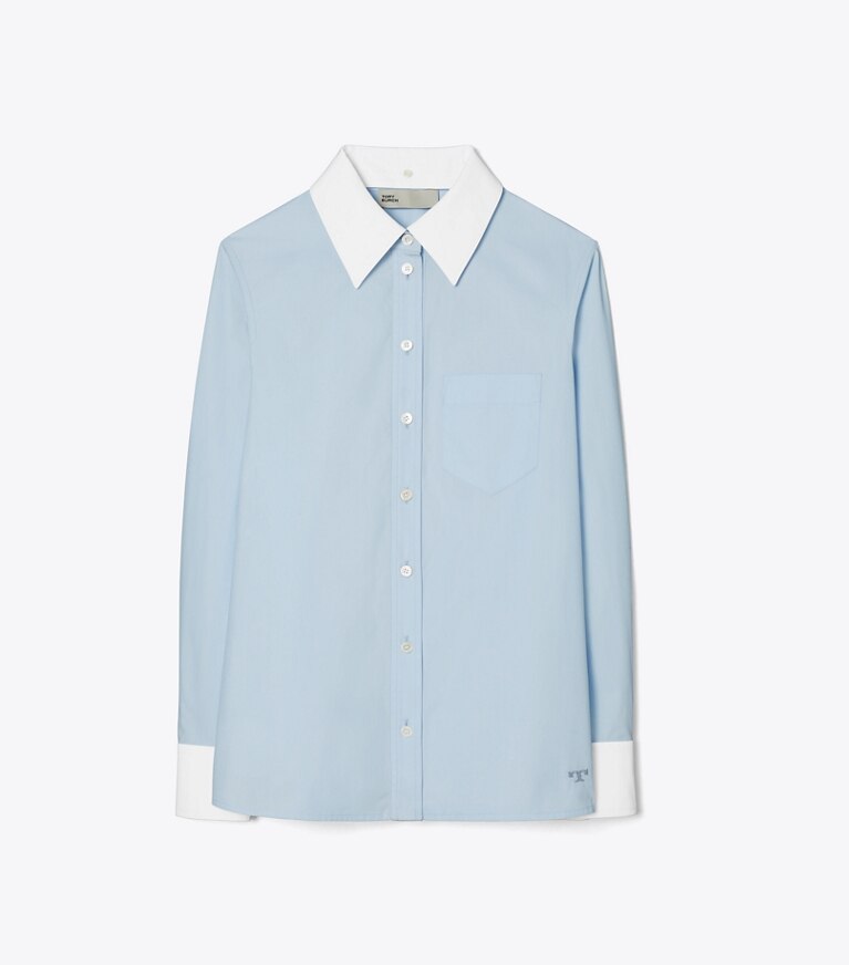 Tory Burch designer tops Contrast Collar Poplin Shirt in Crisp Blue front