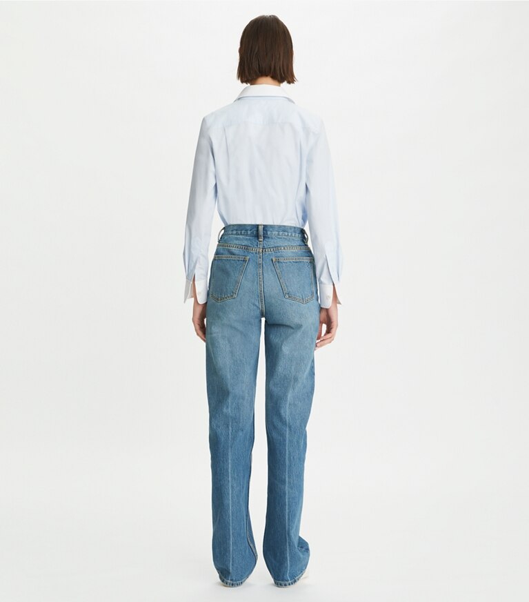 Tory Burch designer tops Contrast Collar Poplin Shirt in Crisp Blue front
