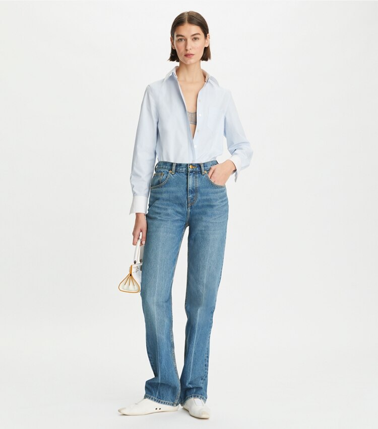 Tory Burch designer tops Contrast Collar Poplin Shirt in Crisp Blue on model front