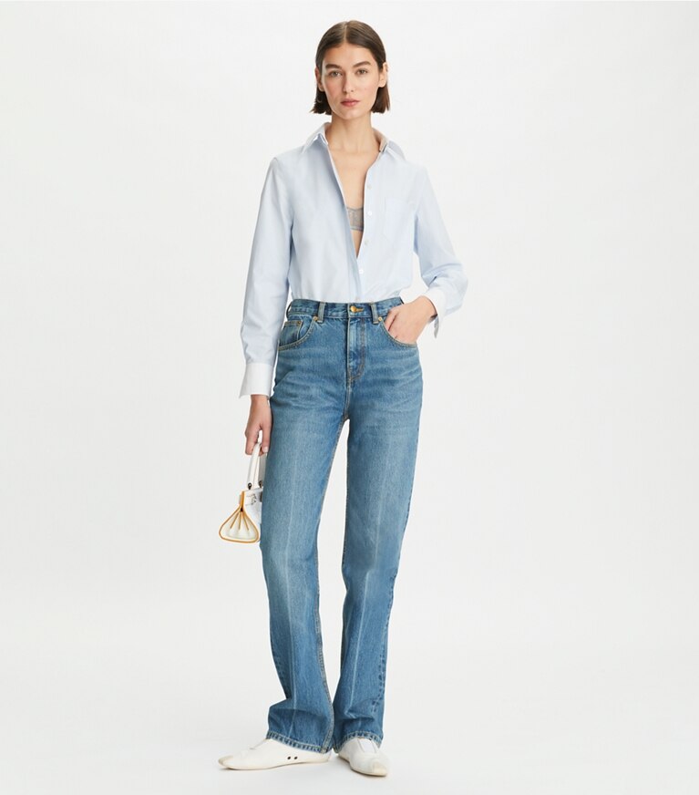Tory Burch designer tops Contrast Collar Poplin Shirt in Crisp Blue front