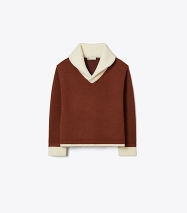 Tory Burch designer sweaters Contrast Collar Wool Sweater in Dark Cranberry / White front