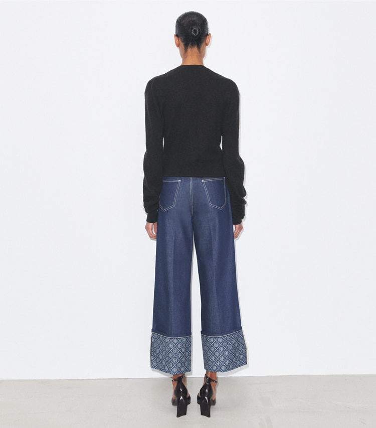 Tory Burch designer bottoms Contrast Cuff Straight Leg Jean in Raw/Unwashed on model back