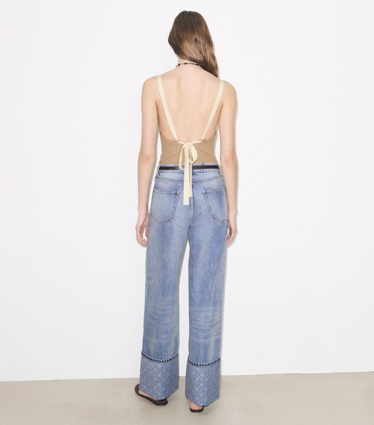 Tory Burch designer bottoms Contrast Cuff Straight Leg Jean in Light Vintage Wash on model back