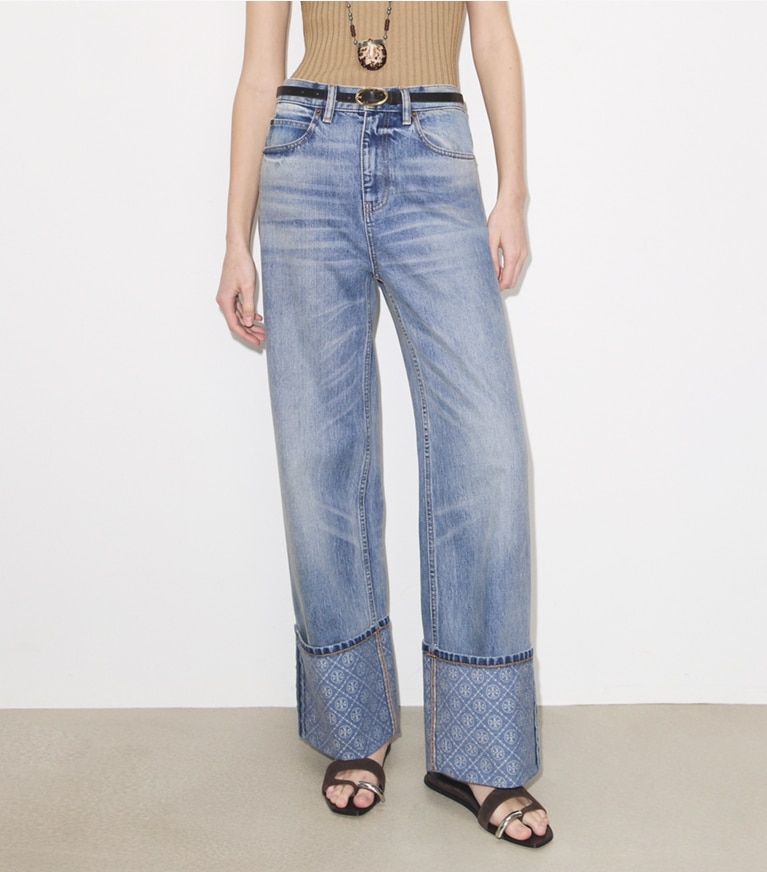 Tory Burch designer bottoms Contrast Cuff Straight Leg Jean in Light Vintage Wash on model detail