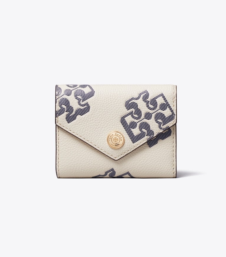 Tory Burch designer wallets Contrast Embossed Envelope Small Wallet in Light Cream / Navy front