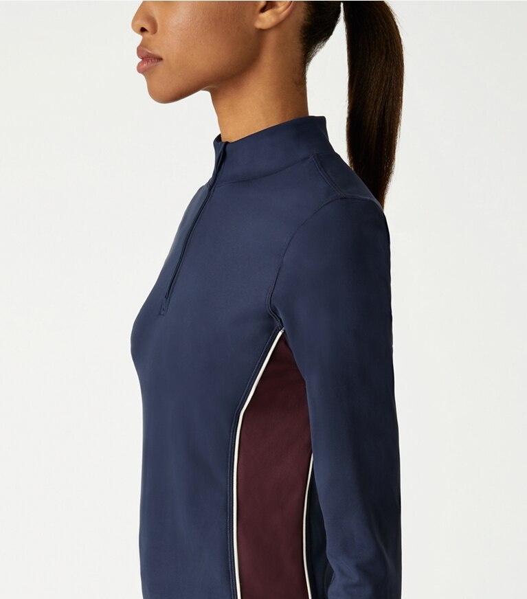 Tory Sport designer tops Contrast Piped Half-Zip Pullover in Tory Navy / Winetasting front