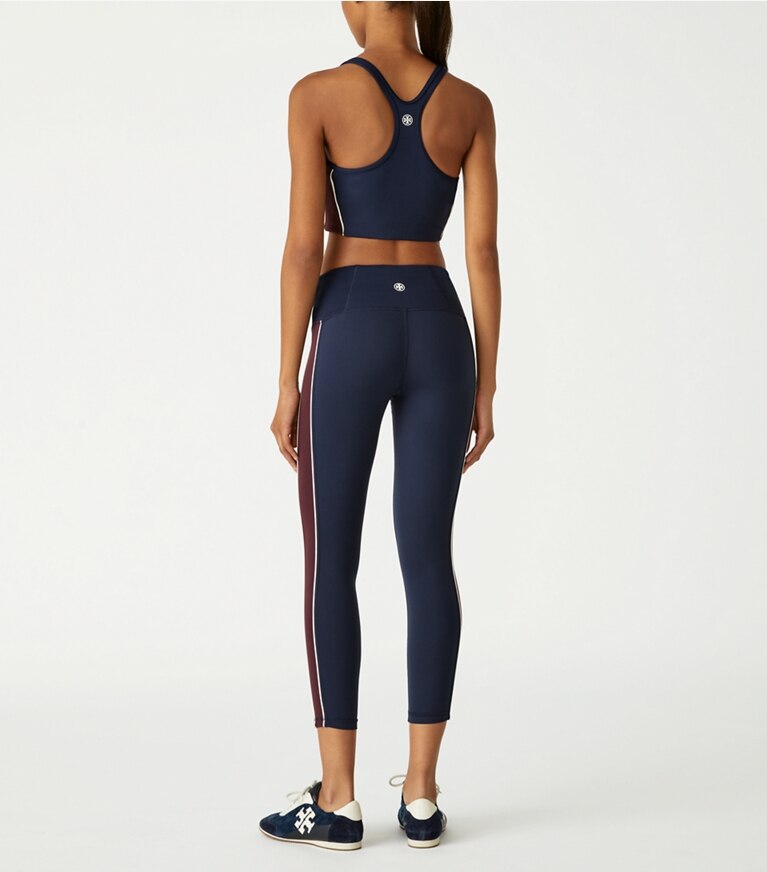 Tory Sport designer tops Contrast Piped Long Bra    in Tory Navy / Winetasting on model back